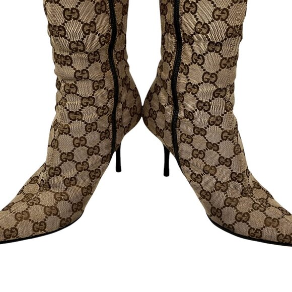 GUCCI Vintage GG Monogram Long Boots #36-37 Heels Zip Beige Brown [104064] - Picture 10 of 12